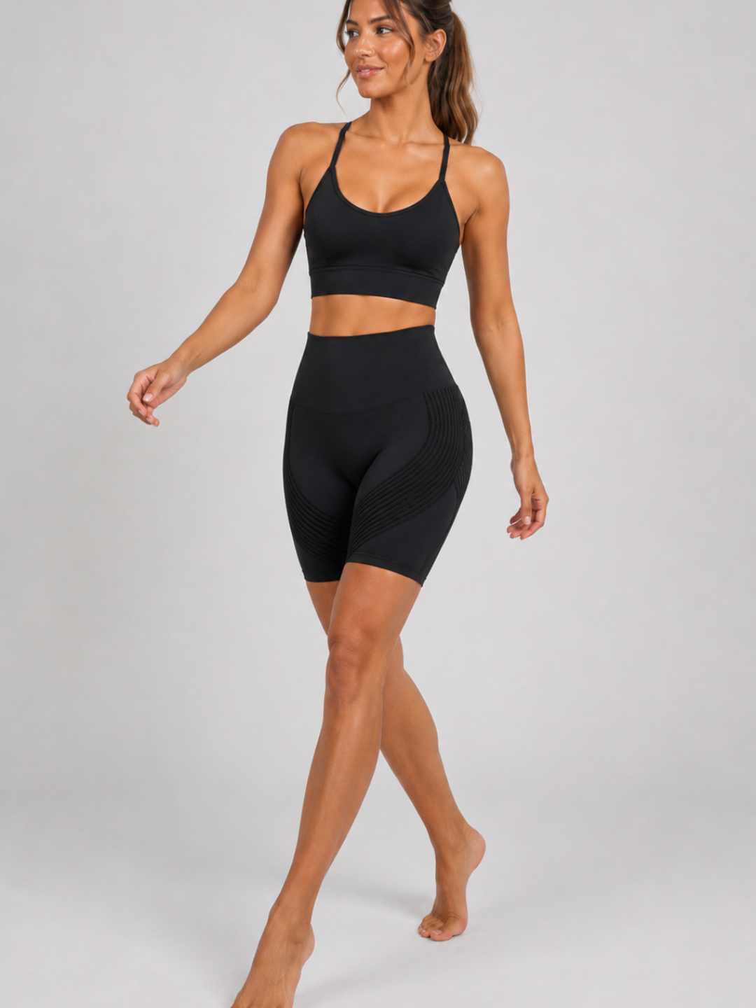 Sleek Line 3D Textured Short Legging - walking, stays put #color_black