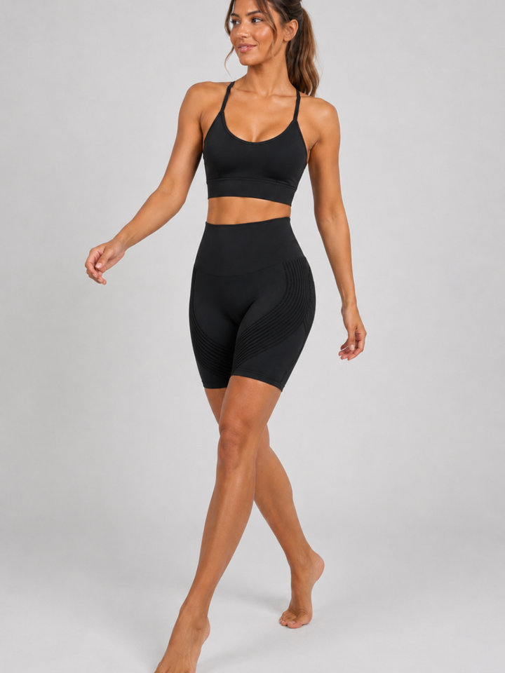 Sleek Line 3D Textured Short Legging - walking, stays put #color_black