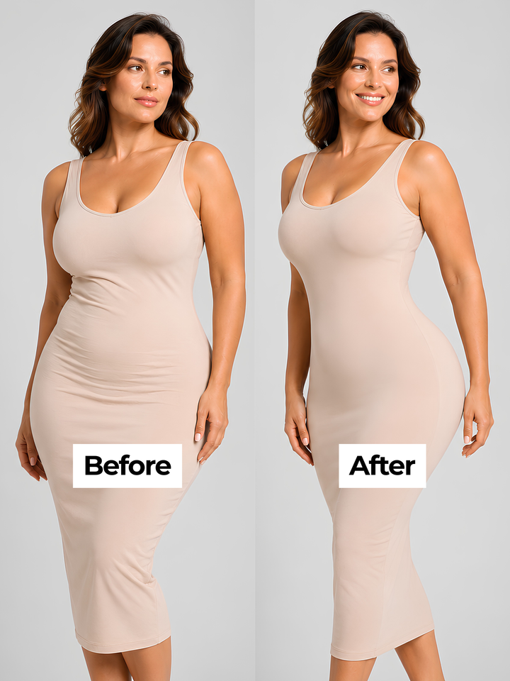 Sleek Line Zip-Crotch Faja Bodysuit - smoothing result under a dress