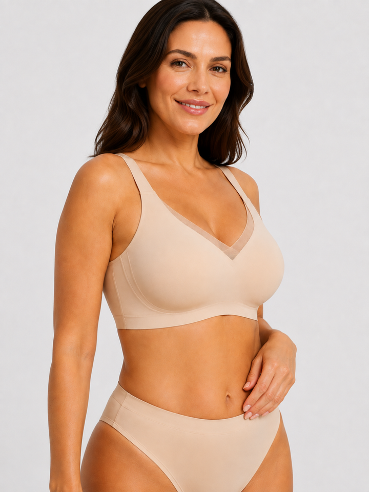 Sleek Line CrossOver Comfort Bra - three quarter angle #color_nude