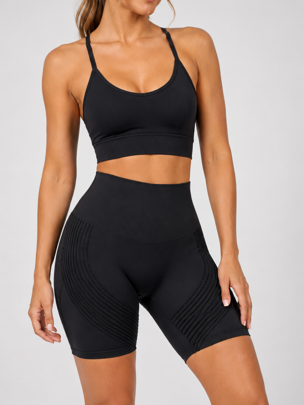 Sleek Line 3D Textured Short Legging - hover view #color_black