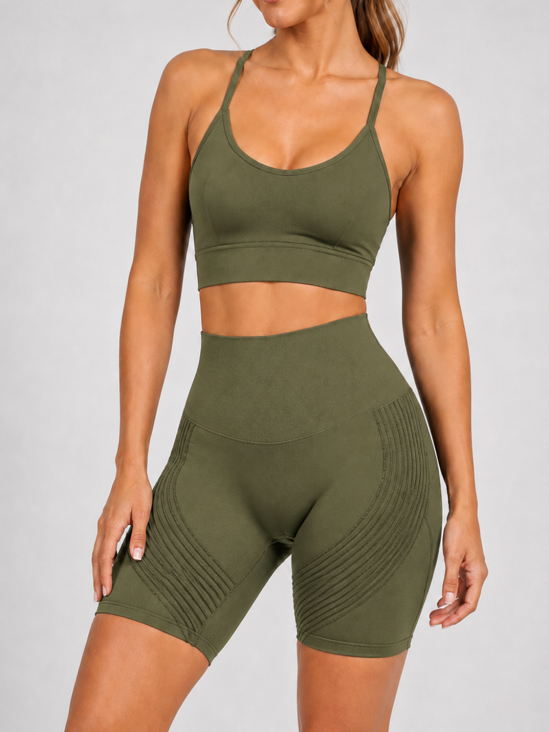 Sleek Line 3D Textured Short Legging - Olive Green #color_olive_green