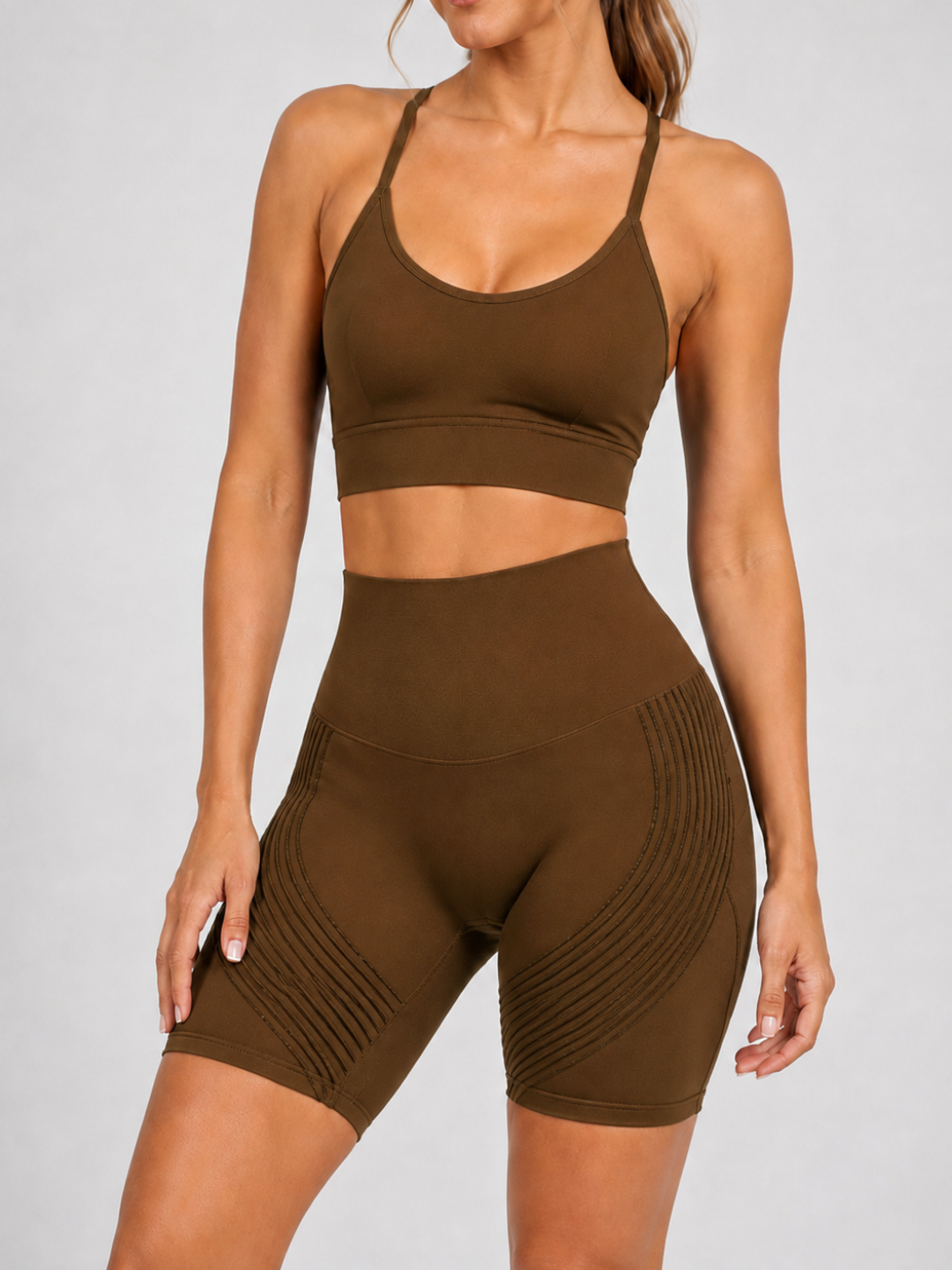 Sleek Line 3D Textured Short Legging - Brown #color_brown