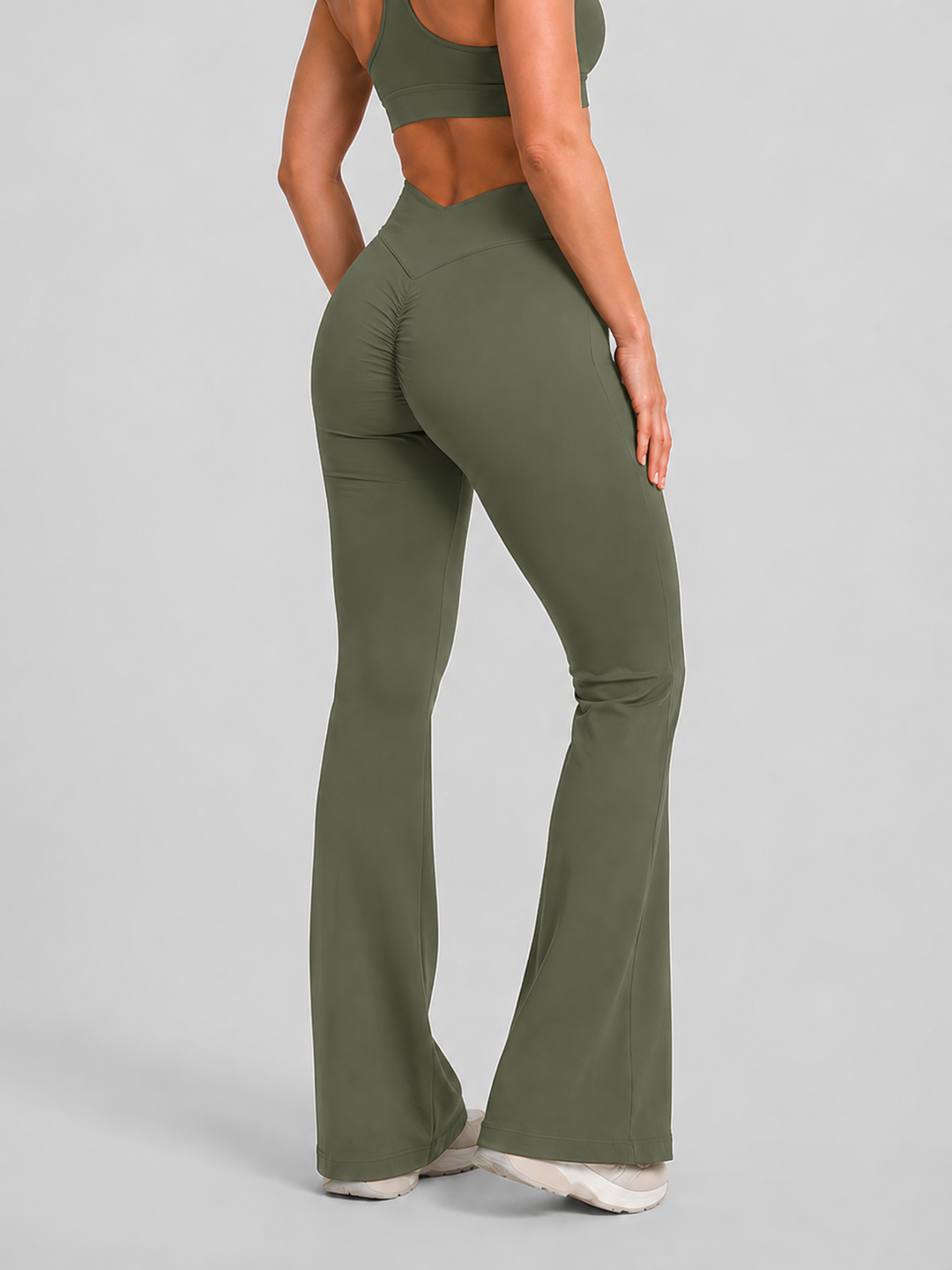 Sleek Line V-Waist Flare Leggings - Olive Green #color_olivegreen