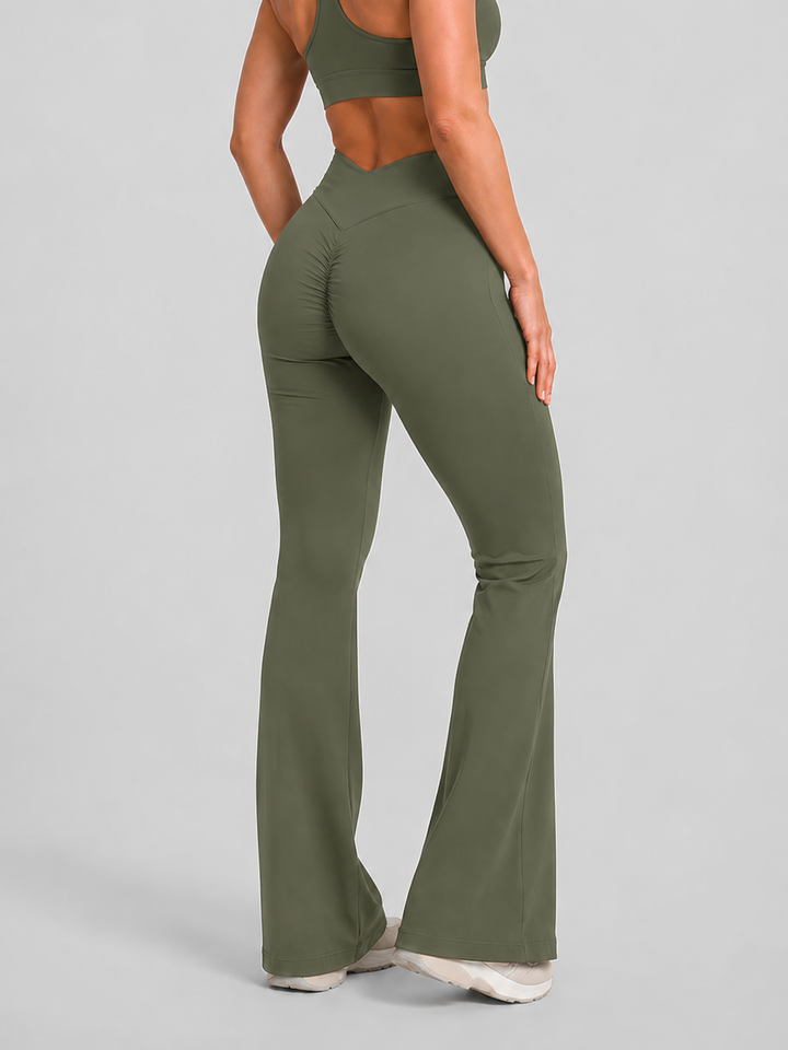 Sleek Line V-Waist Flare Leggings - Olive Green #color_olivegreen