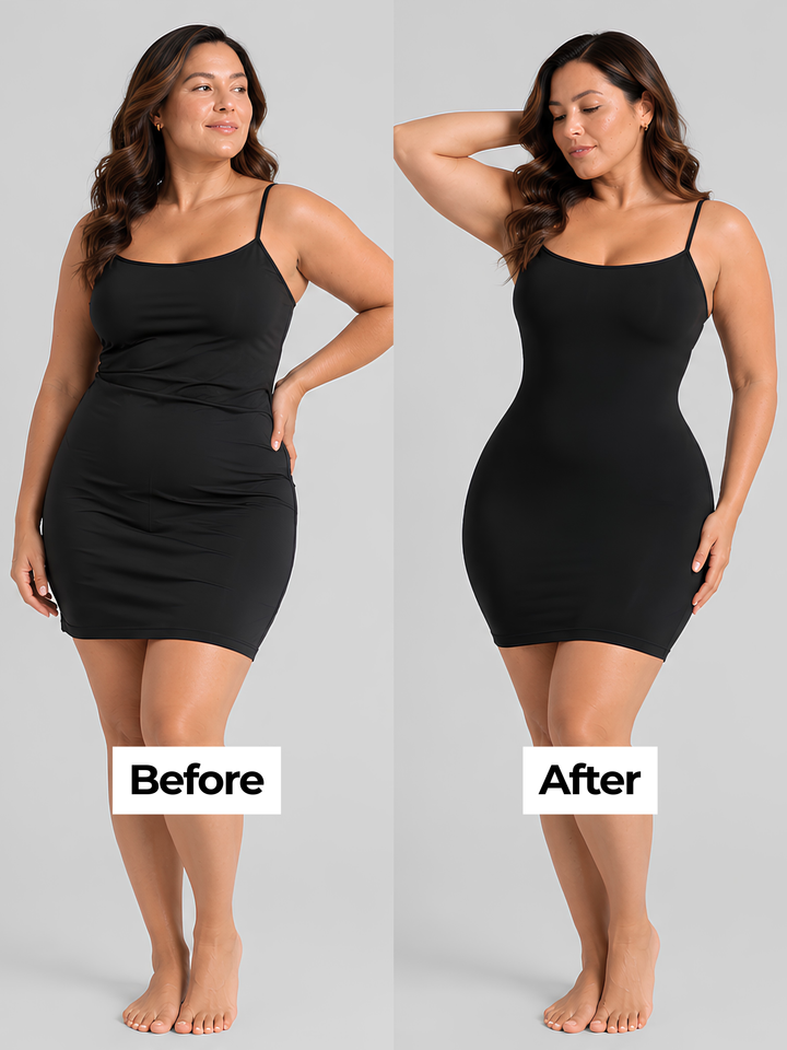 Sleek Line Sculpting Hourglass Bodysuit - smoothing result under a dress